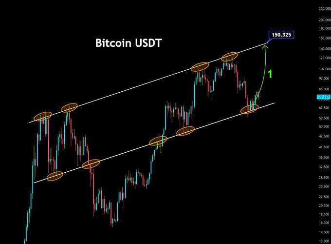 The image shows a chart with Bitcoin and USDT symbols at the top of each bar. The bars are colored red, green, blue, and orange, representing different cryptocurrency prices. The Bitcoin symbol is positioned above the bars, indicating that this is a Bitcoin price chart. The text "My expectation on the Bitcoin side is exactly as shown in the chart." suggests that the person who created the image has high expectations for Bitcoin's performance.