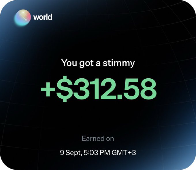 A World ID notification showing a "stimmy" reward of +$312.58 earned on 9 Sept, 5:03 PM GMT+3, displayed with the World app logo against a dark grid background. The image illustrates the surprise cryptocurrency rewards mentioned in the post, which encourages users to sign up for World with a referral link and complete a trade to receive these bonuses.