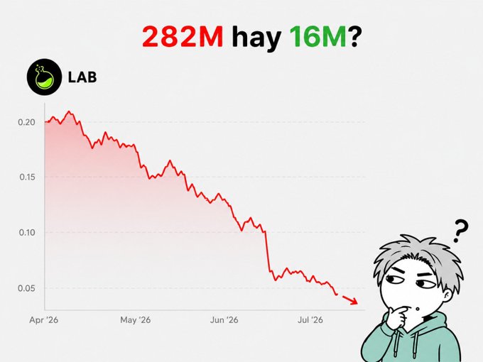 A meme chart showing the LAB token price declining from around 0.20 to below 0.05 between April and July, with Vietnamese text '282M hay 16M?' (282M or 16M?) and a confused cartoon character.