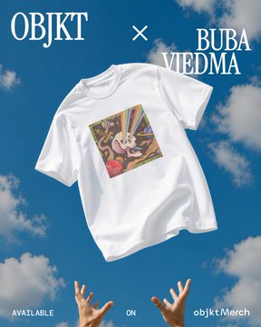 Product photo for an OBJKT x BUBA VIEDMA collaboration t-shirt featuring classical artwork, held up against a cloudy blue sky, marked 'AVAILABLE ON objktMerch'.