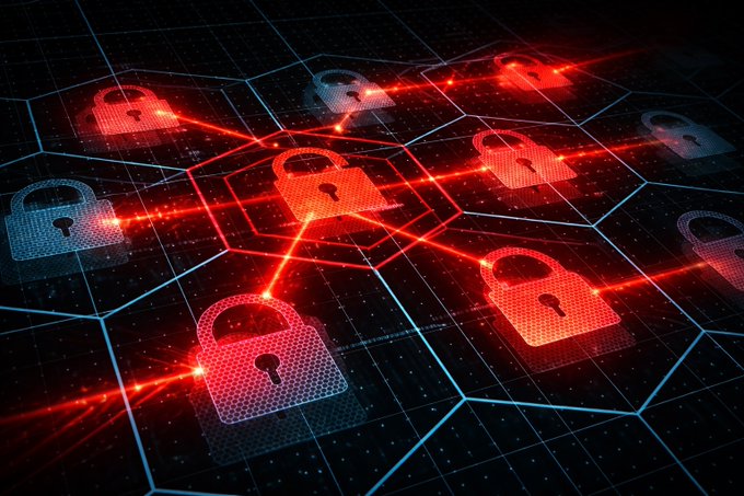 The image depicts a digital network of red and blue padlock icons connected by glowing lines on a hexagonal grid, symbolizing cybersecurity threats and data breaches—visually reinforcing the warning about the new macOS infostealer "PamStealer" that targets passwords and crypto wallet keys via a fake clipboard manager app.