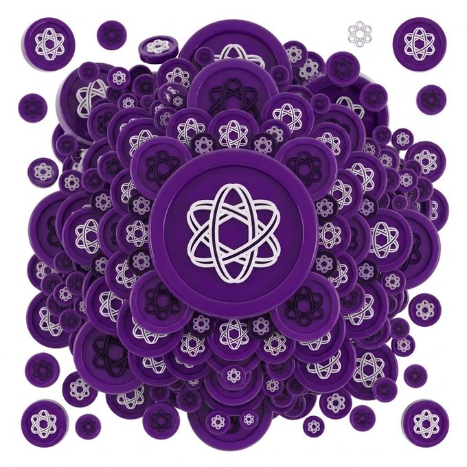 A cluster of purple circular tokens featuring a white atom/molecule emblem, representing the XPR Network cryptocurrency token $XPR. The stylized atom design and uniform purple coloring visually emphasize the scientific and tech-forward branding of the XPR blockchain platform.