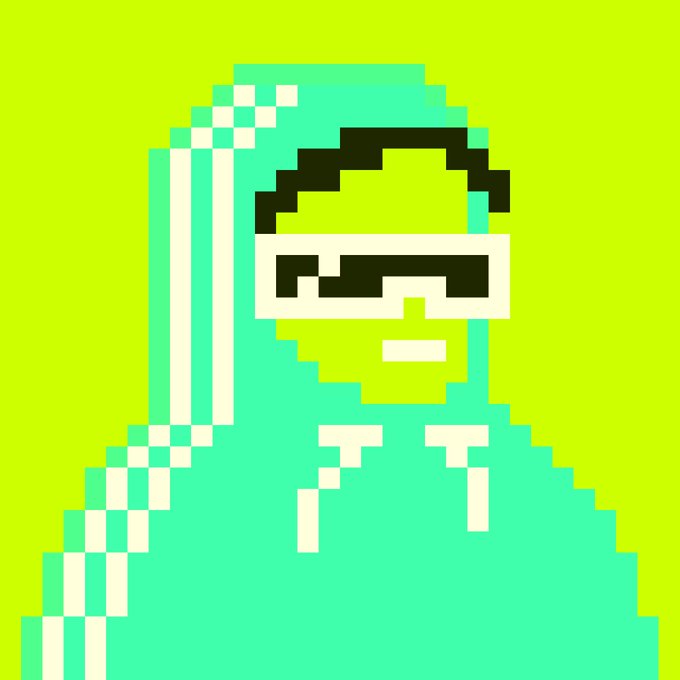 A pixel art portrait of a figure wearing a light green hijab and pixelated white sunglasses, set against a bright green background.