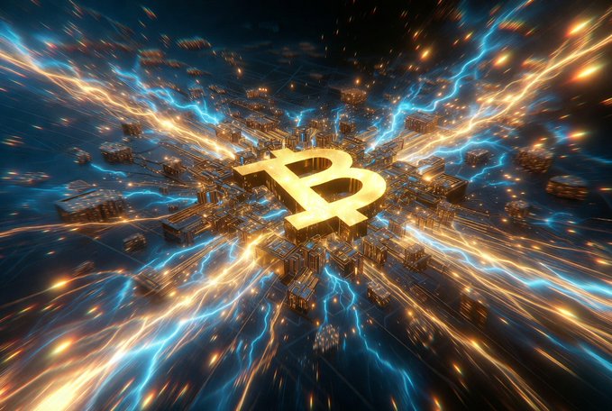A glowing gold Bitcoin (₿) symbol sits at the center of a dynamic, futuristic scene with electric blue and golden light streaks radiating outward across a dark, technological landscape — visually emphasizing the speed and power of next-generation blockchain technology referenced in the post about BNB Chain's upcoming high-speed Layer-1 network.