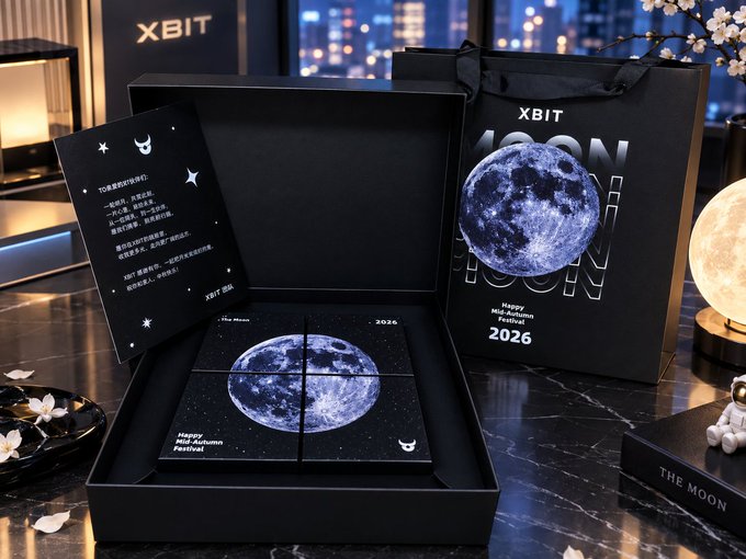 An opened black gift box and bag from "XBIT" displays a moon-themed design with the text "Happy Mid-Autumn Festival 2026."