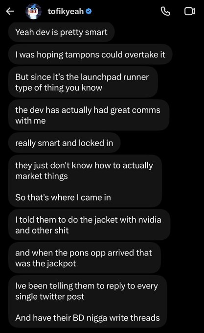 A screenshot of an Instagram DM from "tofikyeah" where the sender brags about masterminding the $PONS token's marketing—claiming credit for orchestrating the NVIDIA jacket collab, securing the PONS opportunity as "the jackpot," and advising the dev on social media strategy—directly illustrating the post's mocking description of a self-proclaimed crypto promoter spamming DMs about his $PONS scheme.