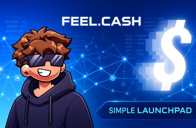 A cartoon character wearing sunglasses and a hoodie appears alongside the "FEEL.CASH" logo and "SIMPLE LAUNCHPAD" tagline against a tech-themed blue background with code snippets and a large dollar sign, visually reinforcing the project's branding as a straightforward crypto launchpad featuring fair launches, locked liquidity, and creator fee earnings.