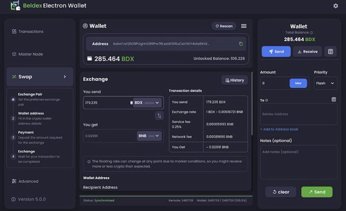 A screenshot of the Beldex Electron Wallet interface showing a balance of 285.464 BDX and an exchange transaction converting BDX to BNB.