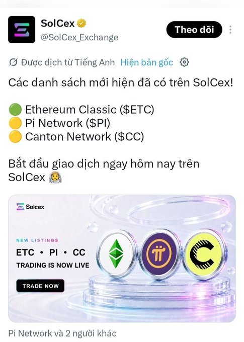 A tweet screenshot from SolCex (@SolCex_Exchange) in Vietnamese, announcing new listings of Ethereum Classic ($ETC), Pi Network ($PI), and Canton Network ($CC) on their exchange.