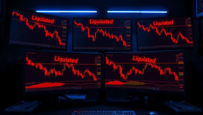 A multi-monitor trading setup displays five screens, each flashing the word "Liquiated" [sic] over sharply dropping price charts in red, reflecting the 104,836 crypto traders who were liquidated in the past 24 hours. The dark, dramatic scene with candlestick graphs plunging downward captures the financial devastation of a major market wipeout.