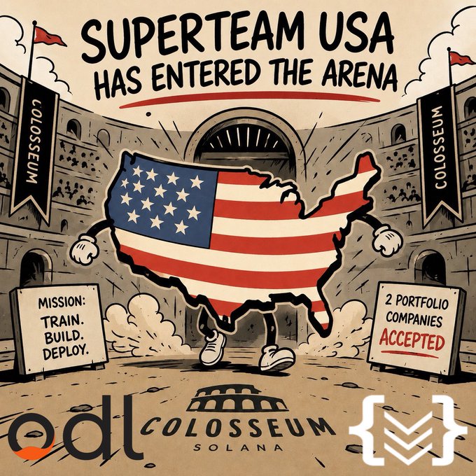Illustration showing a USA-shaped character with the American flag entering the Colosseum, with text 'SUPERTEAM USA HAS ENTERED THE ARENA,' 'MISSION: TRAIN. BUILD. DEPLOY,' '2 PORTFOLIO COMPANIES ACCEPTED,' and logos for a/d, Colosseum Solana, and Superteam.