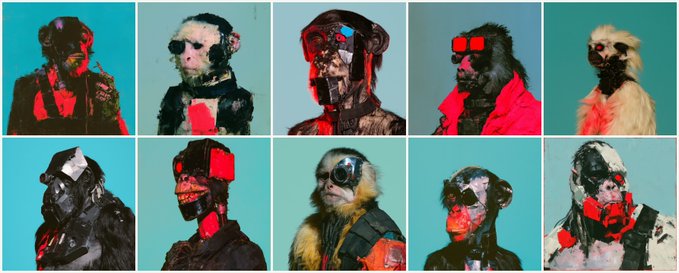 A grid of ten stylized portrait images featuring monkey-like figures wearing sunglasses and accessories, rendered in a pop-art style with bold red, black, and teal colors.