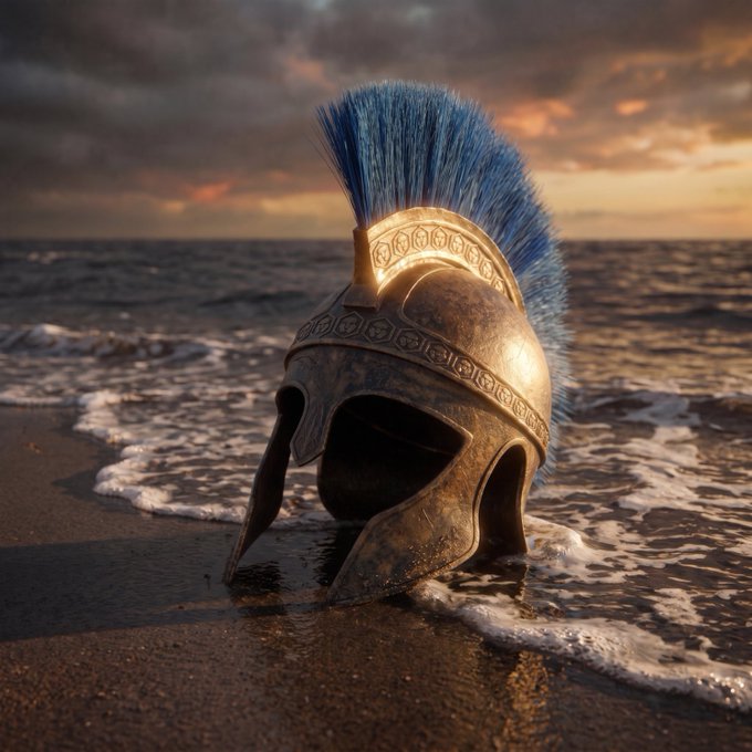 A weathered bronze Corinthian-style helmet with a blue plume rests on a sandy shore as waves wash over it, set against a dramatic sunset sky. The image evokes themes of ancient endurance and timelessness, visually reinforcing the message "He who holds through time will always prevail" through the imagery of a warrior's relic that has withstood the ages by the sea.