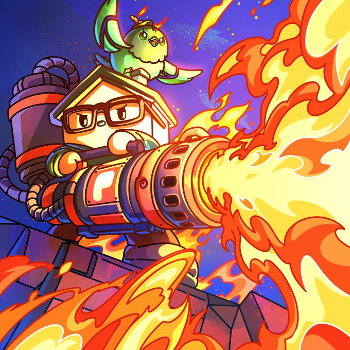A vibrant digital illustration of a house-shaped character wearing glasses and firing a large flamethrower, with a green owl-like creature perched on its roof against a dark blue sky.