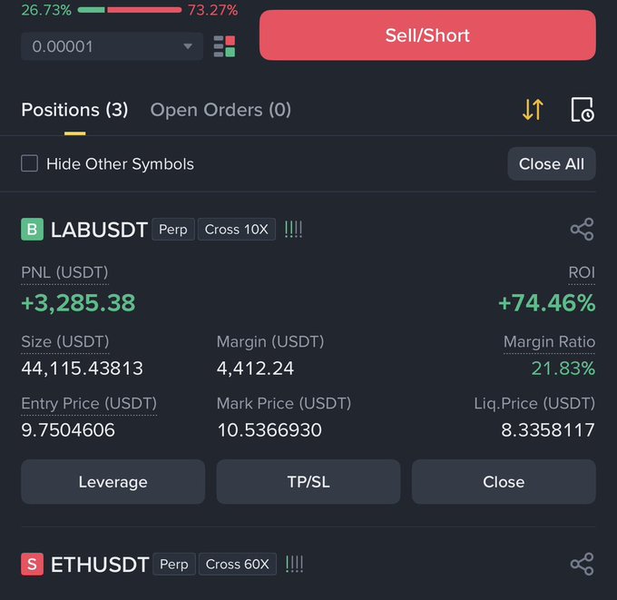 A close-up view of an open positions screen on a cryptocurrency trading platform, showing details about various open orders with their corresponding symbols. The text accompanying these details emphasizes that the key to success lies not just in finding the perfect coin or trade entry but also understanding and adapting to the broader dynamics of the market. This perspective provides valuable insights into how to approach trading in this fast-paced environment.