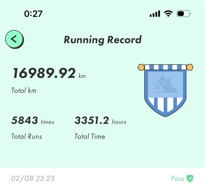 A fitness app screen showing 'Running Record' statistics: 16989.92 km total, 5843 total runs, and 3351.2 hours of total time, with a blue running shoe banner icon.