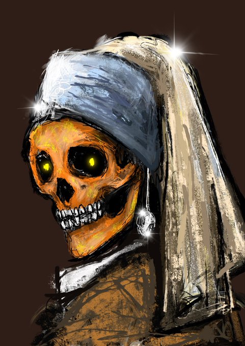 A dark digital painting of a glowing-eyed skeletal figure wearing a tattered gray hood and veil, adorned with a silver skull earring against a brown background.