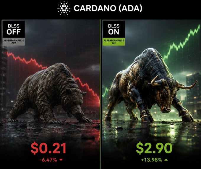 The image is a split-screen meme titled "CARDANO (ADA)" comparing "DLSS OFF" (showing a dark bear with a declining red chart and price $0.21, -6.47%) to "DLSS ON" (depicting a powerful bronze bull with a rising green chart and price $2.90, +13.98%). The visual humorously suggests that enabling DLSS technology somehow transforms Cardano's performance from bearish to explosively bullish, echoing the post's claim about "$ADA with DLSS 5 looking insane."