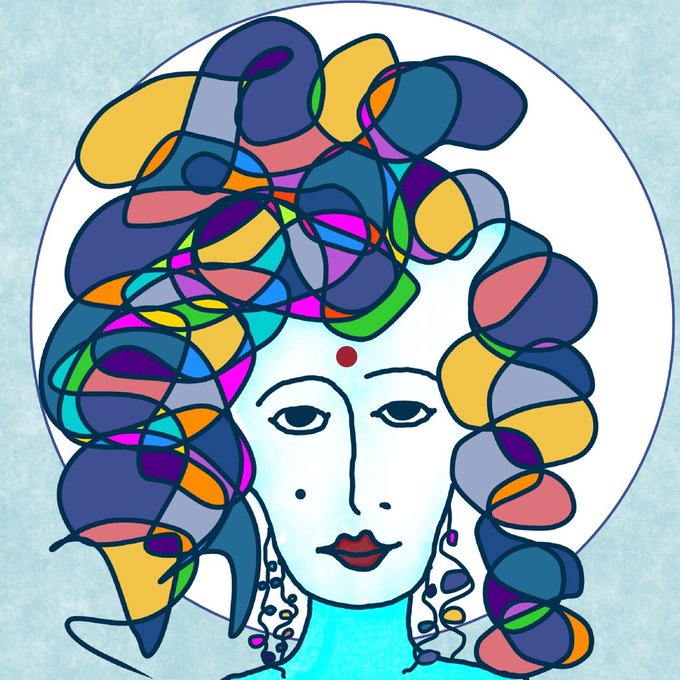 A stylized digital illustration of a woman's face featuring pale skin, red lipstick, a red bindi on her forehead, and voluminous, abstractly drawn hair filled with colorful overlapping shapes in blue, purple, yellow, green, and pink.