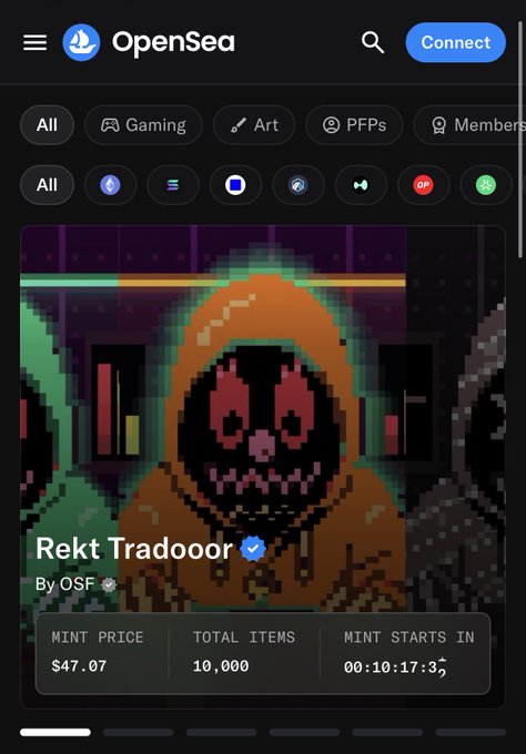 A mobile screenshot of the OpenSea NFT marketplace shows a collection named "Rekt Tradooor" listed by OSF, with a mint price of $47.07, 10,000 total items, and a pixelated character in a brown hoodie.