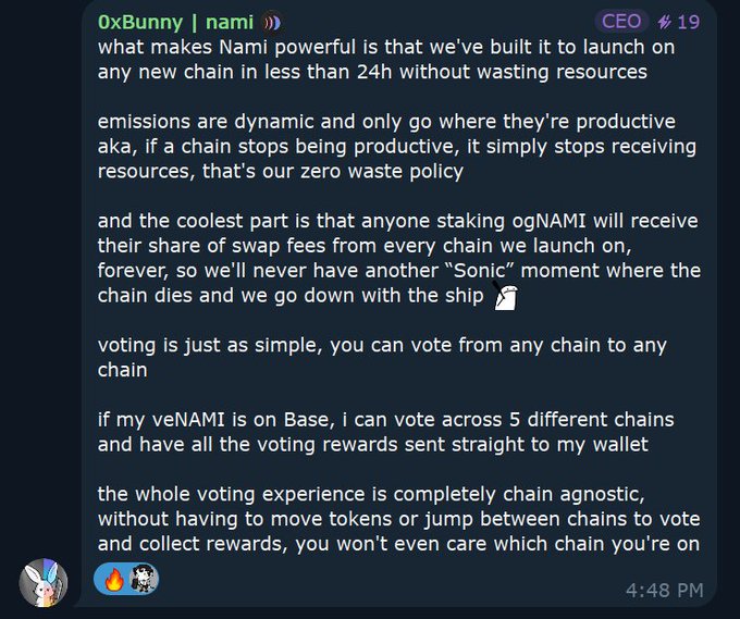 A Discord message from user '0xBunny | nami' explaining the features of the Nami protocol, including chain-agnostic voting and zero waste emissions policy.