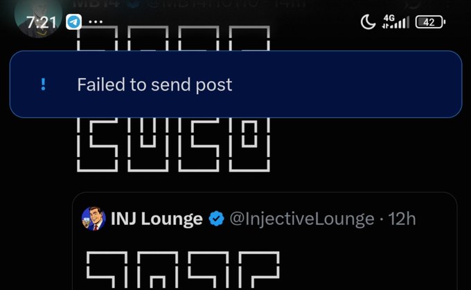 A mobile screen showing a Telegram post failure notification reading 'Failed to send post,' with a stylized digital clock display reading '5:48' and 'snsp' below, and a post from verified account 'INJ Lounge @InjectiveLounge'.