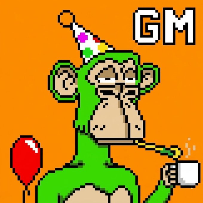 A pixel art image of a green monkey wearing a party hat, holding a balloon and a cup, with the text 'GM' in the corner against an orange background.
