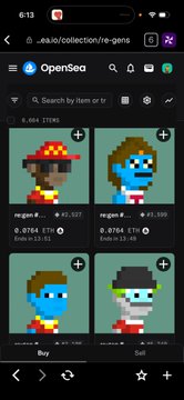 A screenshot of the OpenSea NFT marketplace displays pixel-art avatar collectibles, with visible listings for items priced around 0.07 ETH and 0.05 ETH.