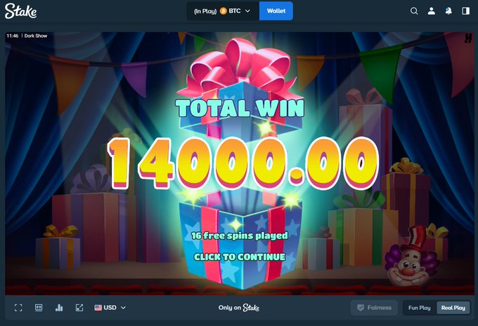 A screenshot of a Stake.com casino game showing a "TOTAL WIN" of 14000.00 after 16 free spins played, with a "Dork Show" slot theme featuring a circus tent background.