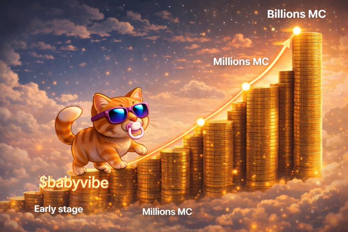 The image features a cartoon cat wearing sunglasses, standing on top of a series of stacked gold coins. The cat appears to be climbing up the stack of coins, which are placed at various heights. Below the cat, there's text that reads "Babyvibe is gonna break more heights this month again. Best advice, Load the dip. if you find any. 54g2GnhV2mcheYD7Rvdt6MWniLdUsXQKeVNz5KZhdoge". The image seems to be related to a post about Babyvibe and their upcoming release of a new album, as indicated by the text beneath the cat.