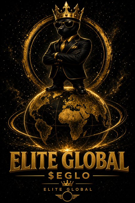 A gold and black promotional poster featuring a stylized bear wearing a crown and sunglasses, standing on a globe with the text 'ELITE GLOBAL' and ticker '$EGLO' below.