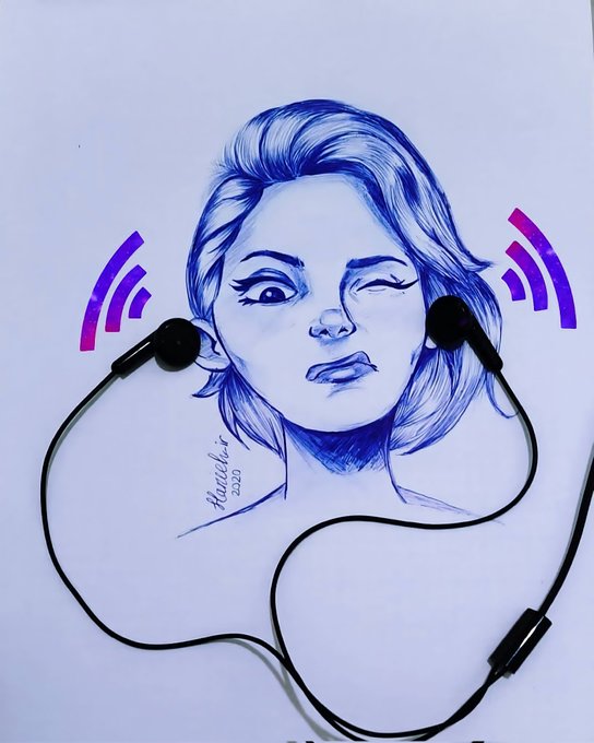 Blue ink ballpoint pen drawing of a winking woman with earbuds in, stylized purple sound wave icons on either side, signed 'Hannah 2026.'