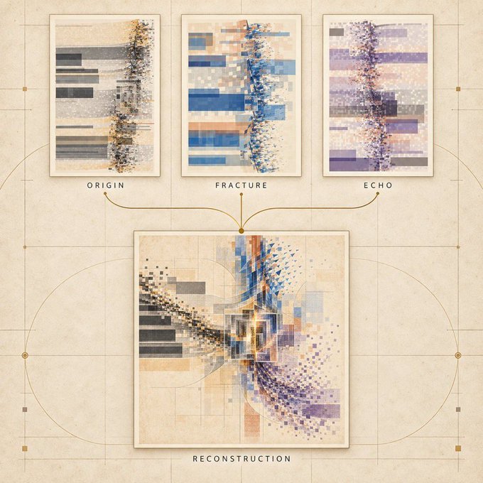 An infographic displaying an artistic diagram with three labeled panels at the top — 'ORIGIN', 'FRACTURE', and 'ECHO' — connected by lines to a larger bottom panel labeled 'RECONSTRUCTION'.
