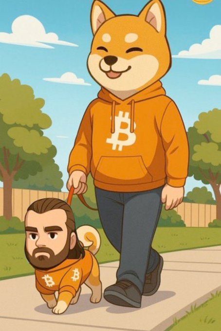A cartoon illustration of a Shiba Inu dog wearing an orange Bitcoin hoodie walking a leash attached to a Shiba Inu dog wearing a matching orange Bitcoin outfit, with a human face on the smaller dog.
