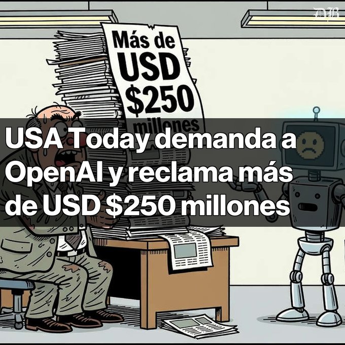 A cartoon meme showing a stressed cartoon man at a desk with stacks of papers labeled 'Más de USD $250 millones', with a robot beside him and overlaid text in Spanish: 'USA Today demanda a OpenAI y reclama más de USD $250 millones' (USA Today sues OpenAI and claims more than USD $250 million).