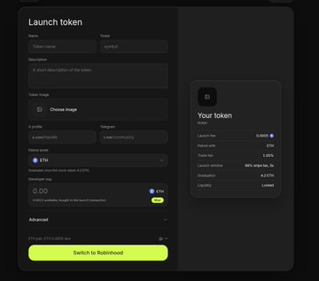 Dark-themed user interface screenshot of a "Launch token" page with input fields for Token name ("Token name"), Ticker ("symbol"), Description, Token image, X profile, Telegram, Token amount, and Network ("ETH"), alongside a token summary card showing launch fee of 0.0005 ETH and a bright green "Switch to Robinhood" button.
