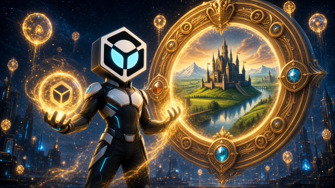 A vibrant fantasy sci-fi scene featuring a futuristic armored figure with a glowing helmet holding a magical golden portal that reveals a medieval castle and landscape, set against a cosmic starry background with floating gems.