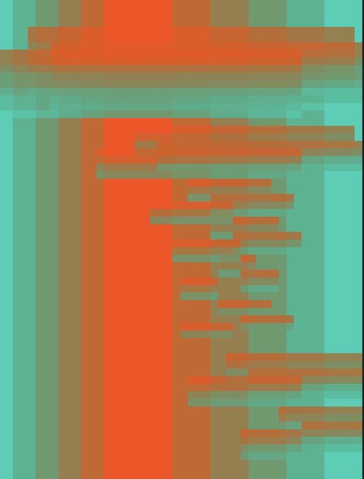 An abstract digital artwork consisting of layered, semi-transparent horizontal bands of teal, orange, and reddish-brown arranged over a dark background.