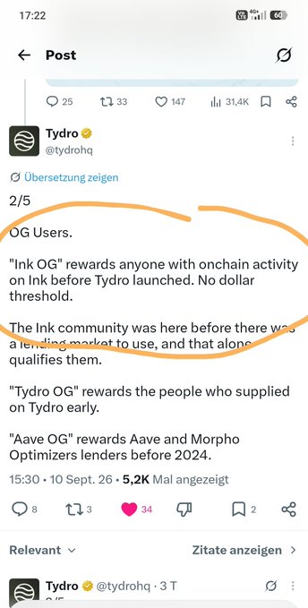 A screenshot of a X (Twitter) post by @tydrohq explaining how "OG" reward systems work across different protocols (Ink, Tydro, and Aave/Morpho), specifically noting that "Ink OG" rewards anyone with onchain activity on Ink before Tydro launched, which relates to the accompanying post about $INK OGs being rewarded. The post, timestamped September 10, 2026 at 15:30, has 5.2K views and has an orange hand-drawn circle highlighting the Ink OG section.
