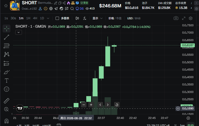 A TradingView chart shows $SHORT (contract 0xac...e192) on BNB/USD, surging dramatically from ~$0.20 to a high of $0.6167 (+14% intraday) with a current price of $246.68M market cap, illustrating the "hard pump" the poster laments missing despite the contract address matching their watchlist entry.
