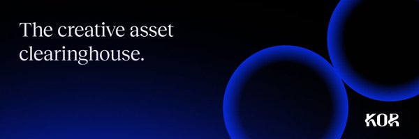 Dark blue advertisement banner for KOR with the tagline 'The creative asset clearinghouse.' alongside two glowing blue circular shapes.