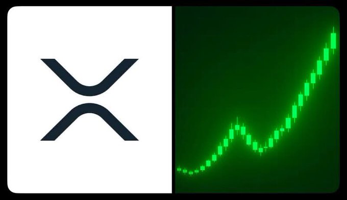 The XRP cryptocurrency logo on a white background next to a green candlestick chart showing an upward price trend.