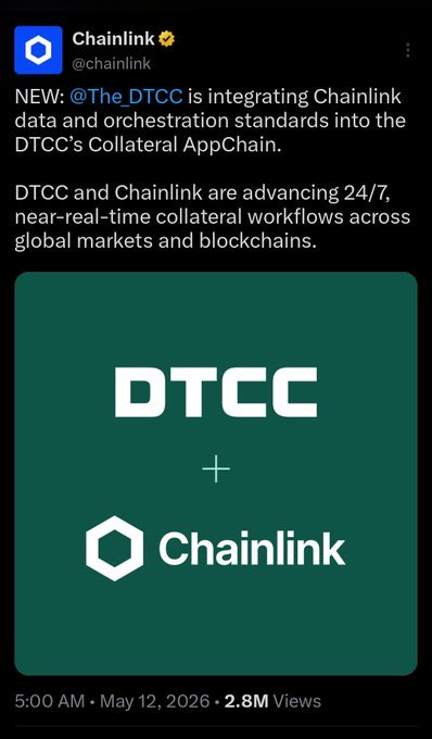 A tweet from Chainlink (@chainlink) announcing that @The_DTCC is integrating Chainlink data and orchestration standards into DTCC's Collateral AppChain, featuring a graphic showing the DTCC + Chainlink partnership.