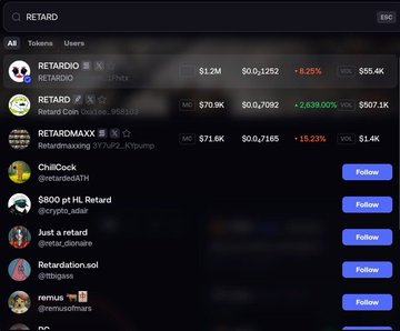 A crypto token tracker interface displays the search term 'RETARD', listing tokens like RETARDIO, RETARD COIN, and RETARDMAXXX along with their market caps and price changes.