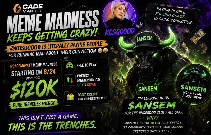 A promotional graphic for CADE Market's 'MEME MADNESS' event starting on 8/24, featuring @KOSGOOOD and the $ANSEM memecoin, highlighting a $120K prize pool and '$ANSEM NOT A MEME. A MOVEMENT.'