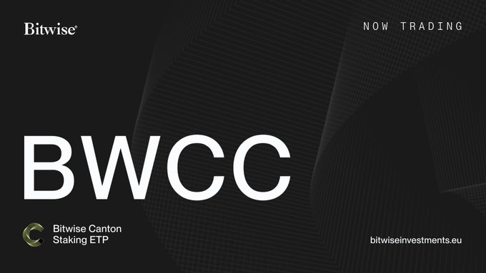 The image shows a black background with white text that reads "Bittwise Canton Staking ETC". This text is related to the Bittwise trading platform, which has recently launched its new trading service for CFD trading. The post also mentions that more and more institutions are turning to Canton as their preferred trading partner.