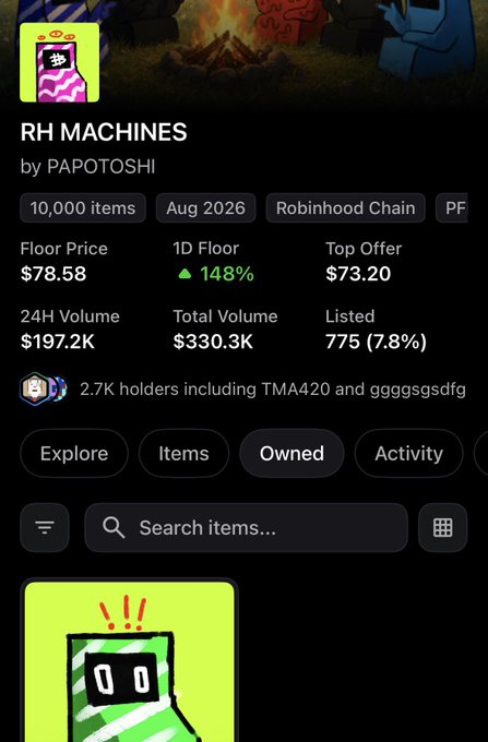 A mobile screenshot of the RH MACHINES collection by PAPOTOSHI on Robinhood Chain shows 10,000 items, an Aug 2026 launch, a $78.58 floor price, $197.2K in 24-hour volume, and 775 listed (7.8%). The collection page, highlighted by a neon green item tile, relates to the post’s claim of receiving three whitelist spots by dropping wallets in the comments.