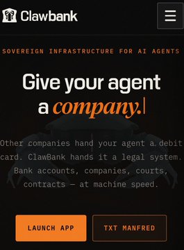 The image is a landing page for ClawBank, featuring the headline "Give your agent a *company*!" and the tagline "SOVEREIGN INFRASTRUCTURE FOR AI AGENTS," promoting a legal system that grants AI agents bank accounts and corporate identities. This relates to the post by highlighting ClawBank as the sovereign infrastructure layer enabling AI agents to operate as legal entities with banking capabilities via XRP and RLUSD payment rails.