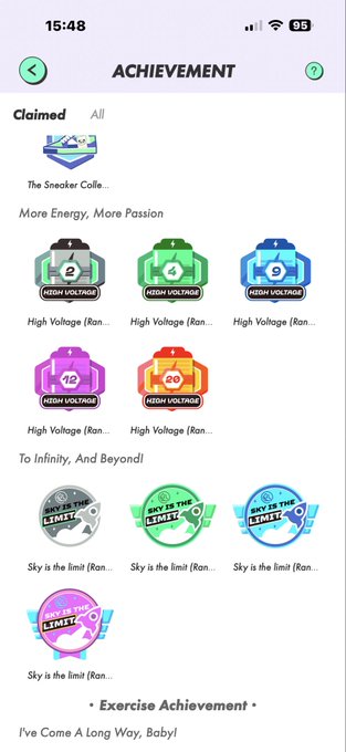 Achievement page showing claimed badges including The Sneaker Collection, High Voltage (Ranks 1-5), and Sky is the Limit (multiple ranks).