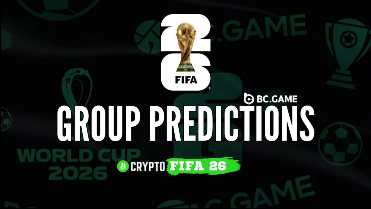 The image features a poster for the World Cup predictions, which includes a soccer ball and a trophy. The text "Group Predictions" is written above the soccer ball, while "FIFA 26" is below it. The poster also displays various soccer-related images such as a trophy, a soccer ball, and a trophy cup.